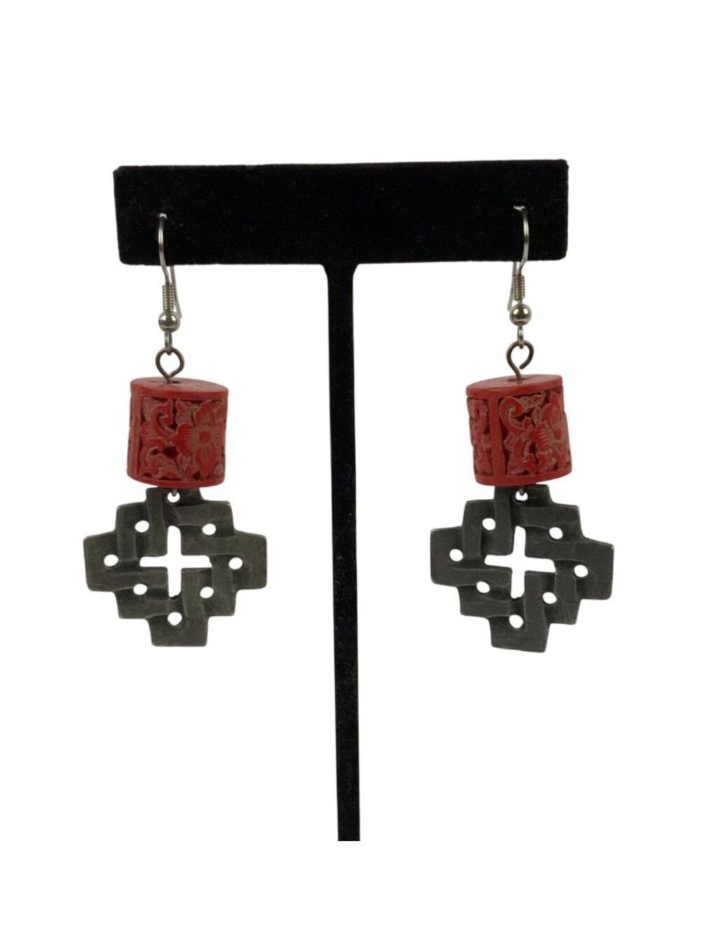 Vintage Alice Seely Red & Silver Cross Dangle Earrings Carved Cinnabar Cylinder